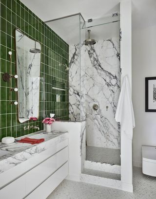 green and marble bathroom