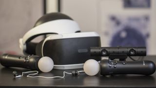 PSVR next to controllers and the camera