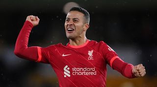 Thiago Alcantara celebrates a goal for Liverpool against Wolves in December 2021.