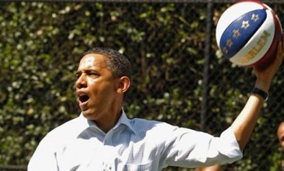 President Obama shoots some hoops at the White House: Critics are combing the basketball fan-in-chief's NCAA bracket for electoral meaning.
