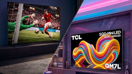 A side-by-side composite of the Samsung R85H displaying a soccer match and the TCL QM7L displaying abstract, colorful imagery