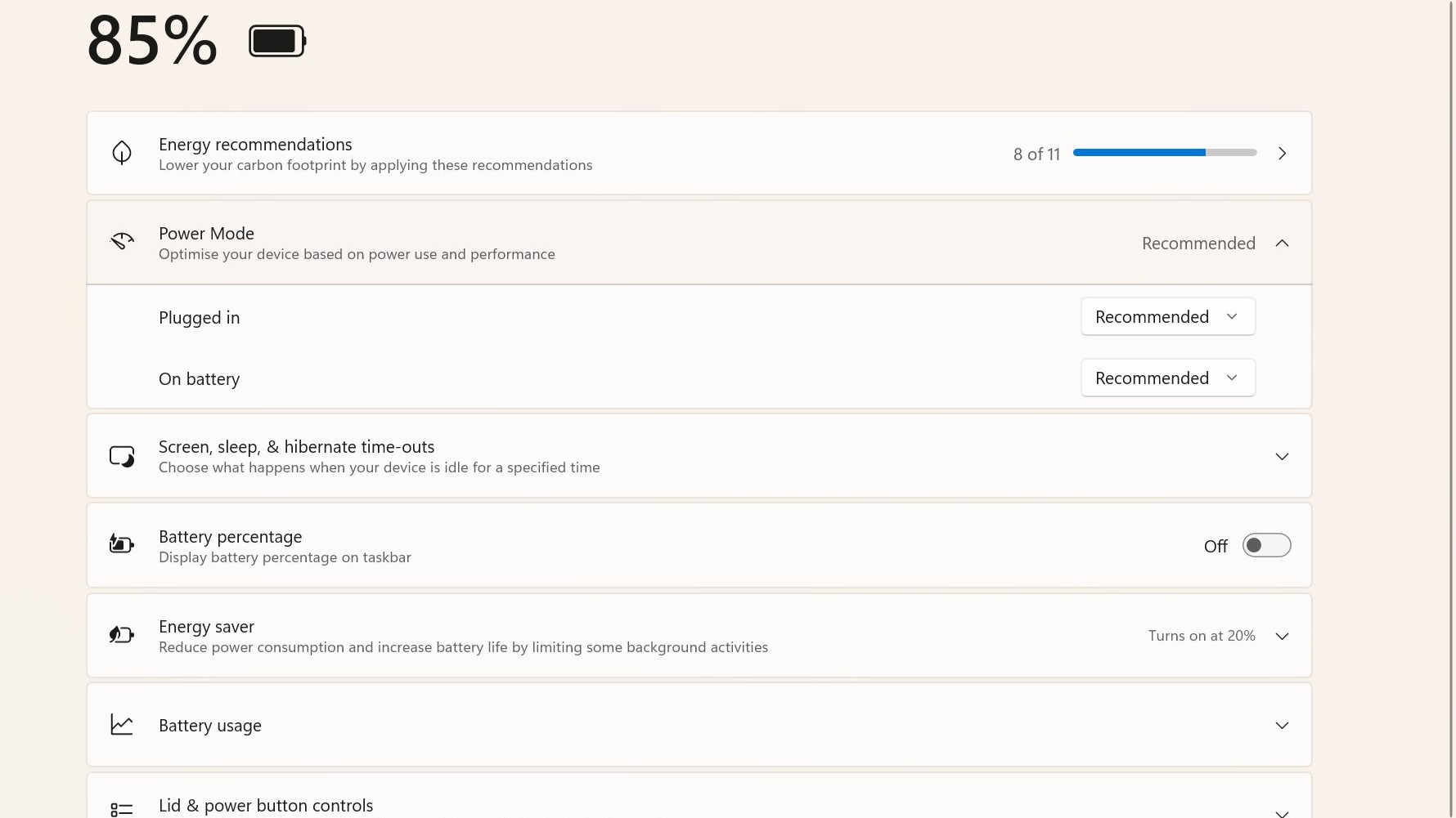 A Windows 11 screenshot showing the Power &amp;amp; Battery settings page.
