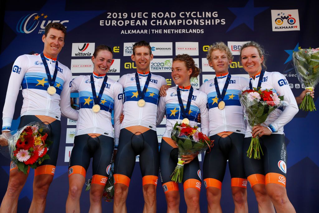 The Dutch squad, including Bouwman (left), Mollema (centre) and Pieters (far right) won the European Championships mixed relay