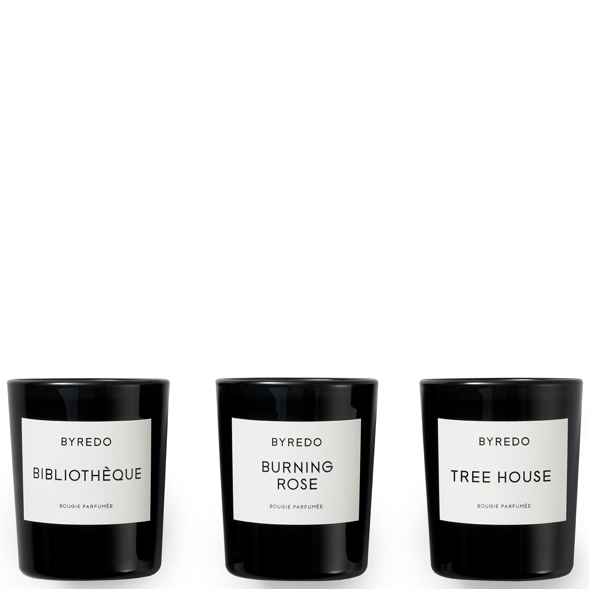 Byredo La Mini Sélection - 70g Fragranced Candles Gift Set Bibliothèque, Burning Rose, Tree House