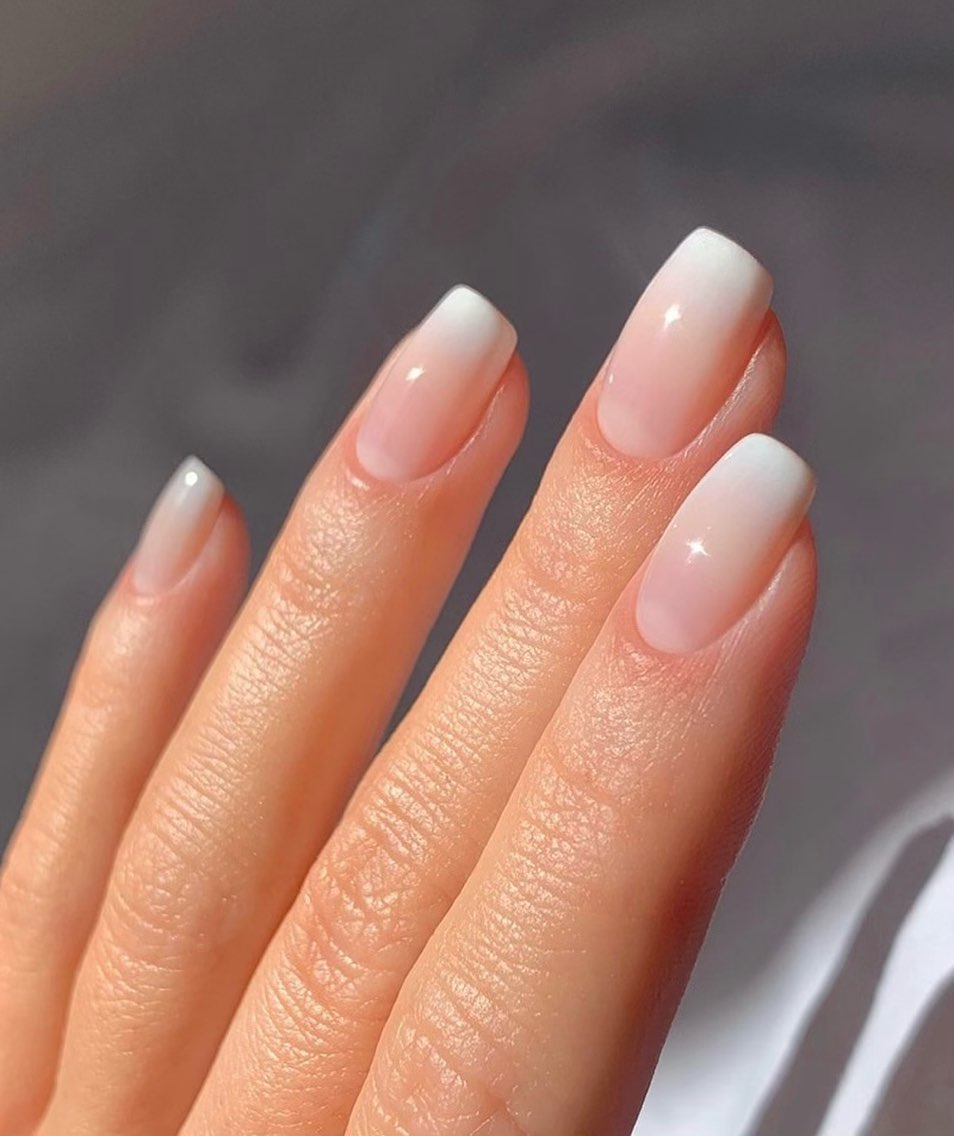 Pink and white ombre French manicure on square nails