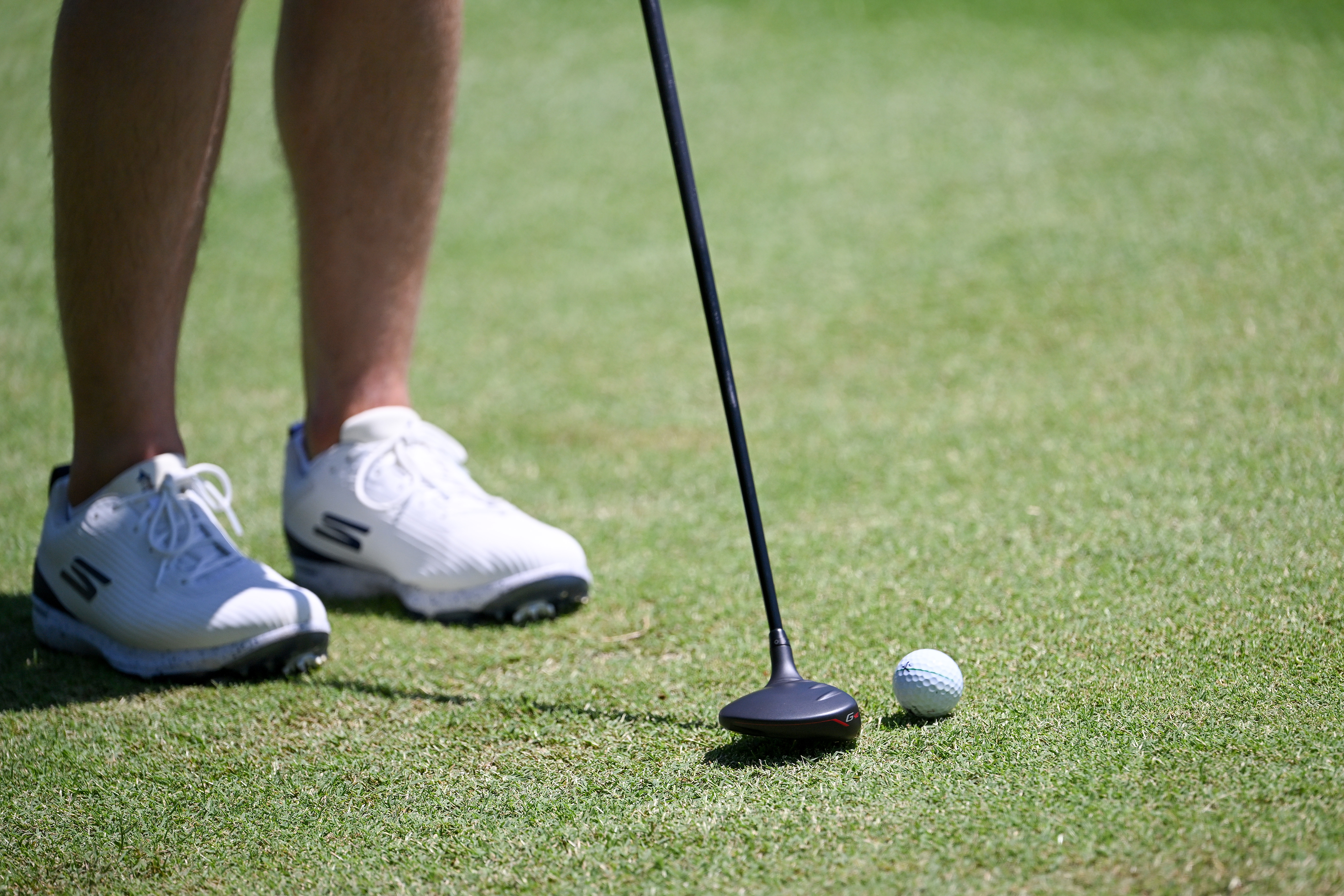 A golfer addresses a chip shot with a fairway wood