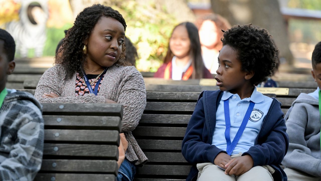 Quinta Brunson as Janine talking to a student on Abbott Elementary
