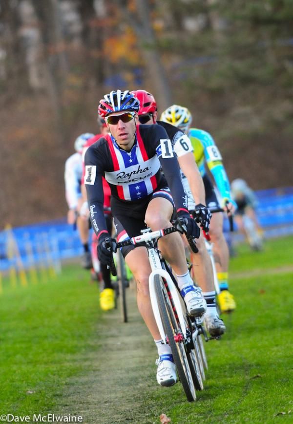 Jeremy Powers (Rapha Focus) leading into the pit area on lap one
