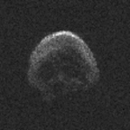 This radar image of asteroid 2015 TB145, which NASA says is likely a dead comet, was captured using the Arecibo Observatory in Puerto Rico on Oct. 30, 2015 with a resolution of 25 feet per pixel. The skull shaped asteroid flew by Earth on Halloween (Oct. 31).