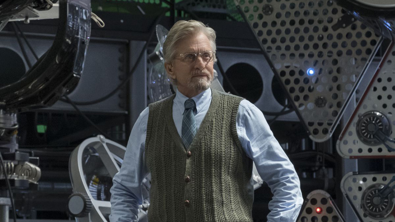 Hank Pym looks at someone off camera in Ant-Man and the Wasp