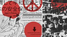 Photo composite of an anti-war demonstration, text from the Ministry of Foreign Affairs on arms controls, and an 18th century samurai woodprint