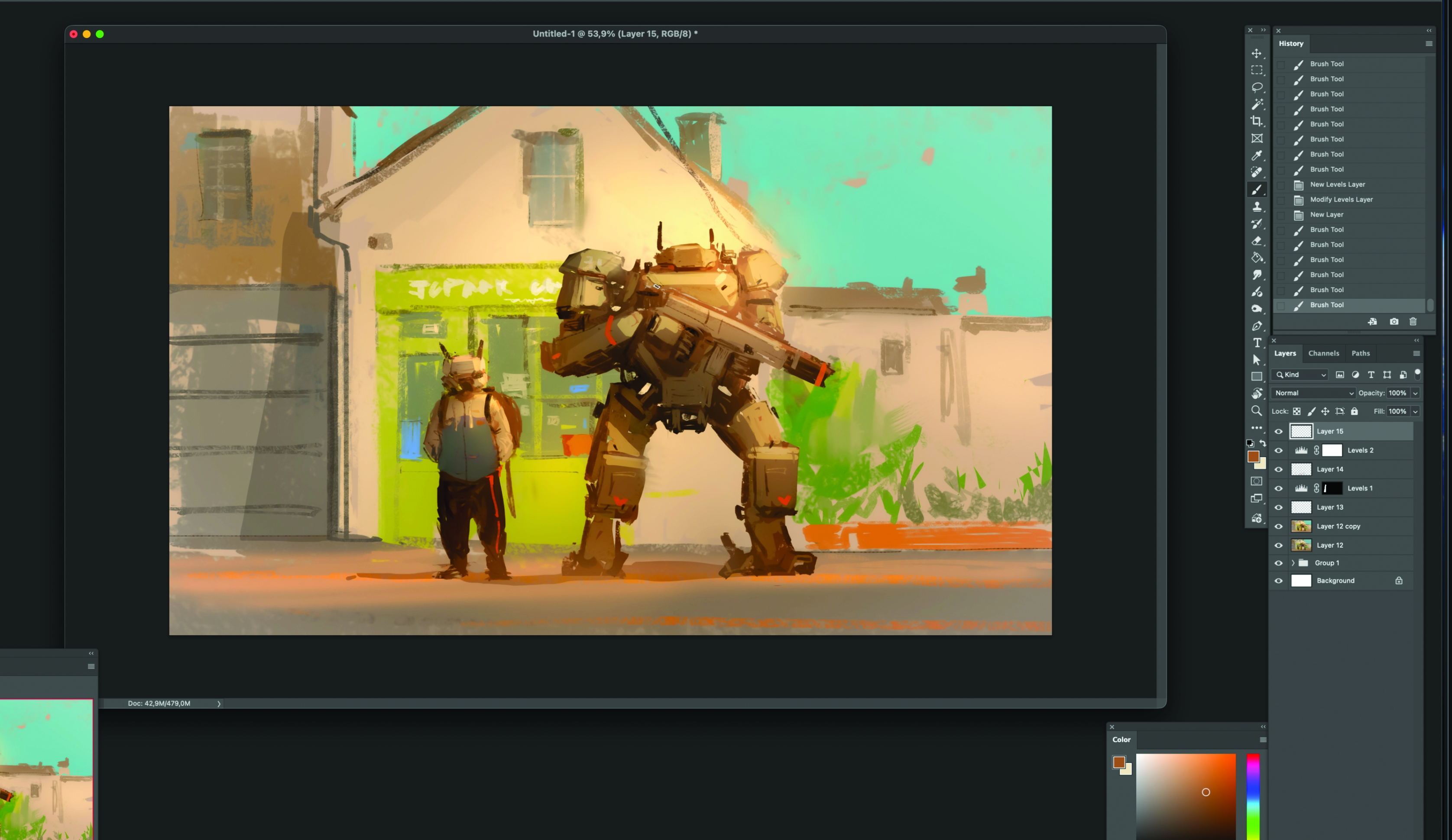 Part of the process of creating concept art with a robot character