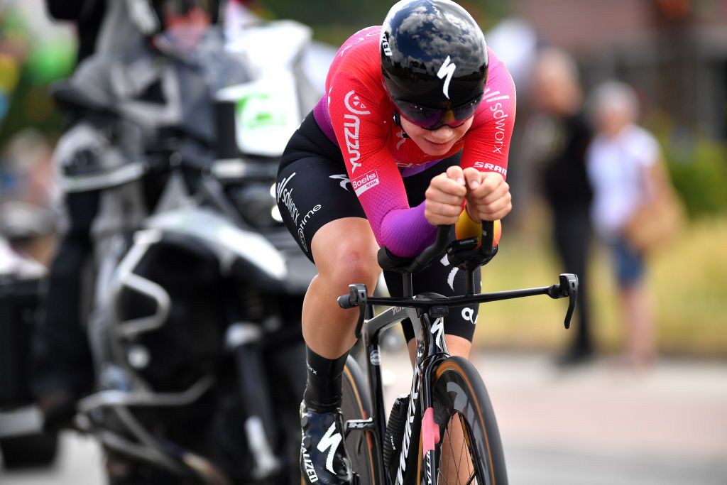GAVERE BELGIUM JUNE 23 Lotte Kopecky of Belgium sprints during the 123rd Belgian Road Championship 2022 Womens Individual Time Trial a 23km individual time trial one day race from Gavere to Gavere ITT BelgianCycling140 on June 23 2022 in Gavere Belgium Photo by Luc ClaessenGetty Images