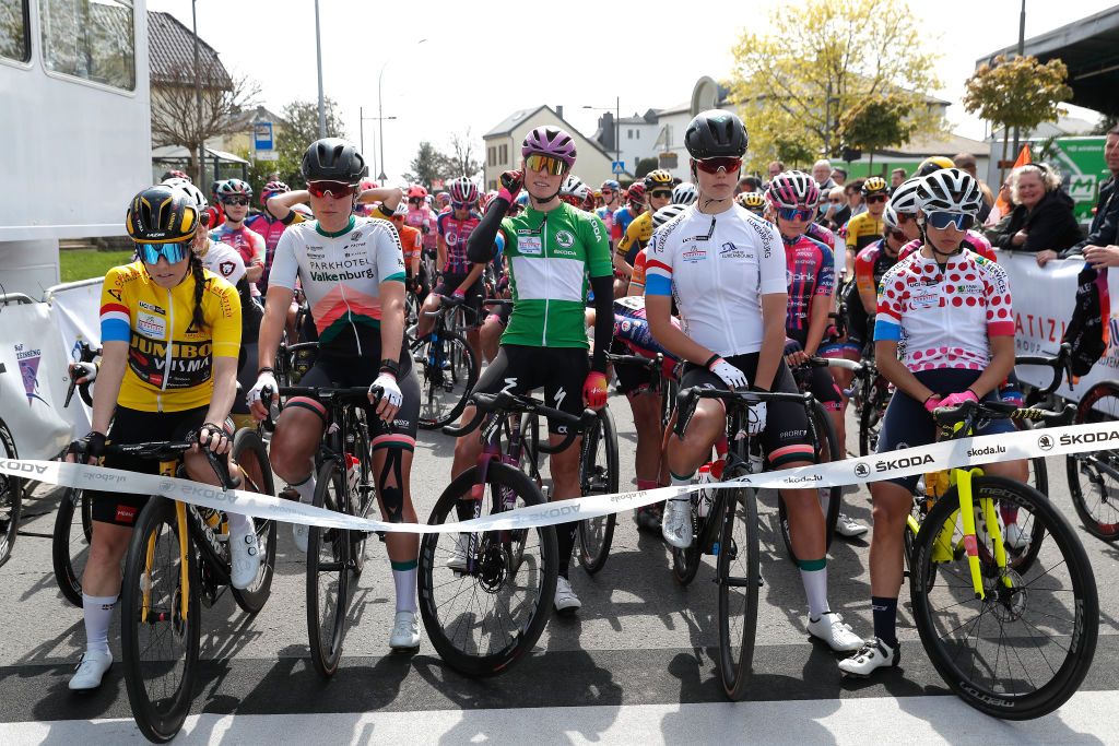 STEINFORT LUXEMBOURG APRIL 30 Demi Vollering of Netherlands and Team SD Worx Green Points Jersey Anna Henderson of United Kingdom and Jumbo Visma Women Team Yellow Leader Jersey Lieke Nooijen of Netherlands and Team Parkhotel Valkenburg White Best Young Rider Jersey and Silvia Persico of Italy and Team Valcar Travel Service Polka Dot Mountain Jersey prior to the 14th Ceratizit Festival Elsy Jacobs 2022 Stage 1 a 1214km stage from Steinfort to Steinfort felsy on April 30 2022 in Steinfort Luxembourg Photo by Bas CzerwinskiGetty Images