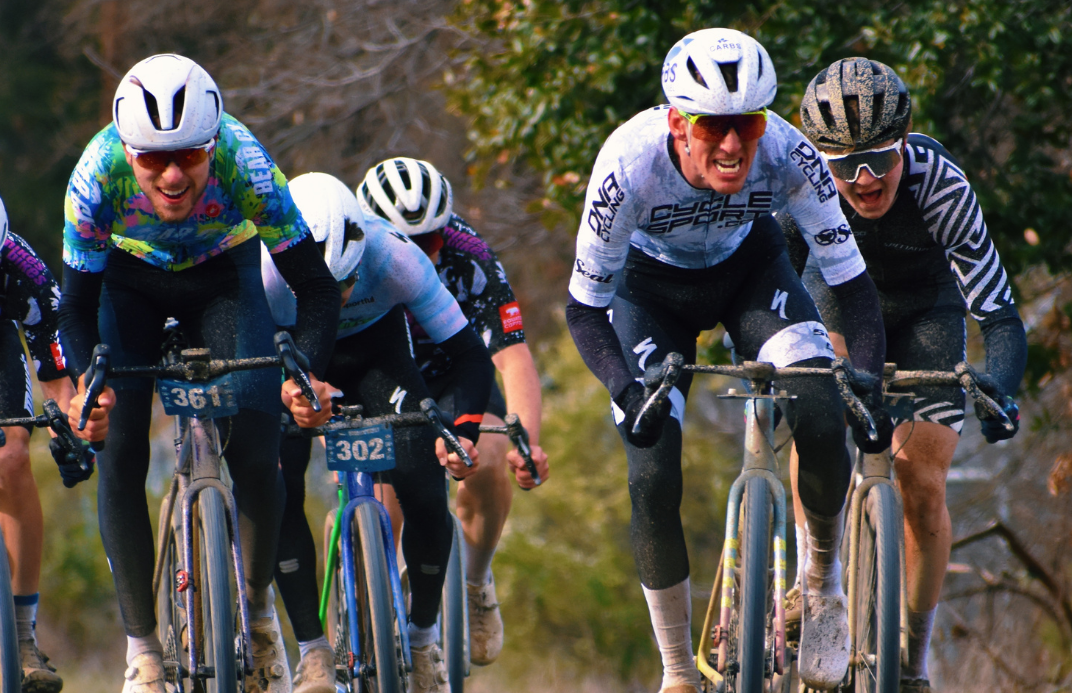 Alex Wild (second from right) grits his teeth in victory among six other riders at Low Gap Grasshopper race on January 25, 2026