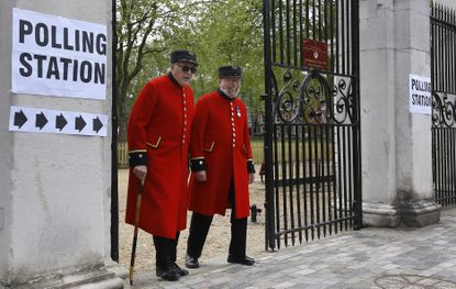 British pensioners leave their polling station.