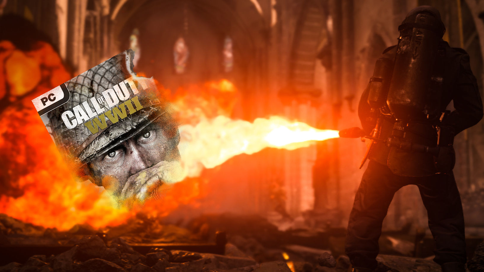 A screenshot of a flamethrower in action in Call of Duty: WWII edited to show the game&#039;s PC case on fire to symbolize the state of the game following reports of RCE exploits on the PC Game Pass edition.