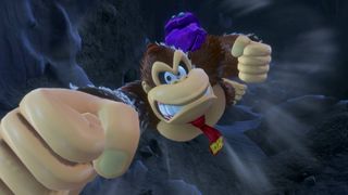 Donkey Kong Bananza sublayers and levels DK and purple rock punching down to the next layer