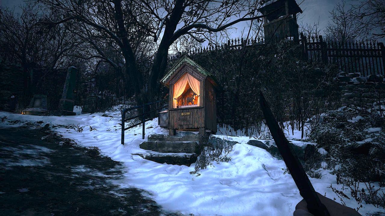 Edited in-game screenshot of a Goat of Warding in Resident Evil Village