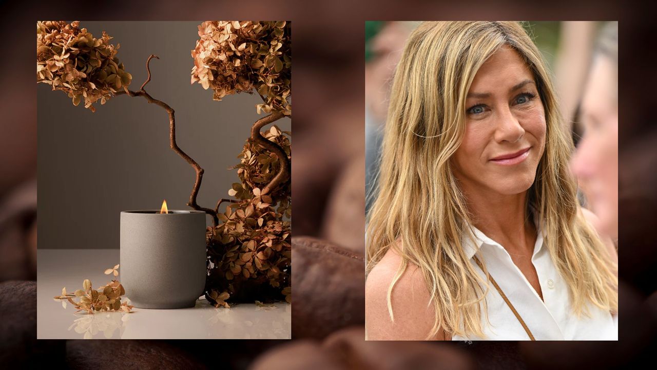 Homecourt&#039;s Cece candle next to a picture of Jennifer Aniston on a brown background