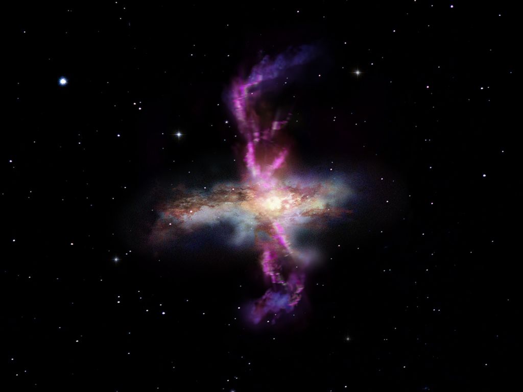 An artist’s impression showing a galaxy with a molecular outflow. The detection of outflows powerful enough to strip galaxies of their molecular gas reservoir represents solid evidence in support of the merger-driven scenario for the formation of elliptic