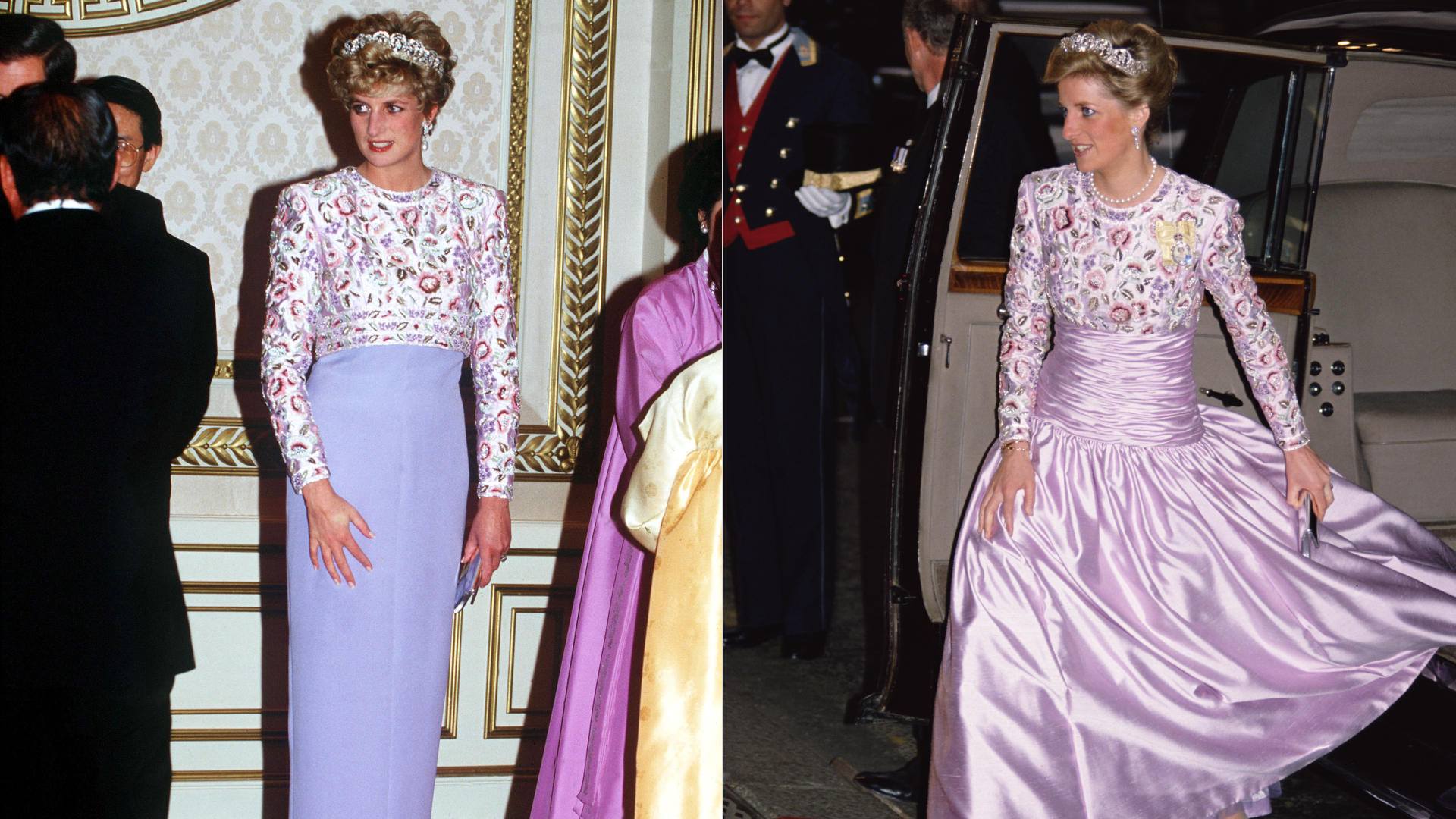 Princess Diana wearing a lilac gown with a floral top; Princess Diana wearing a modified version of the gown stepping out of a car