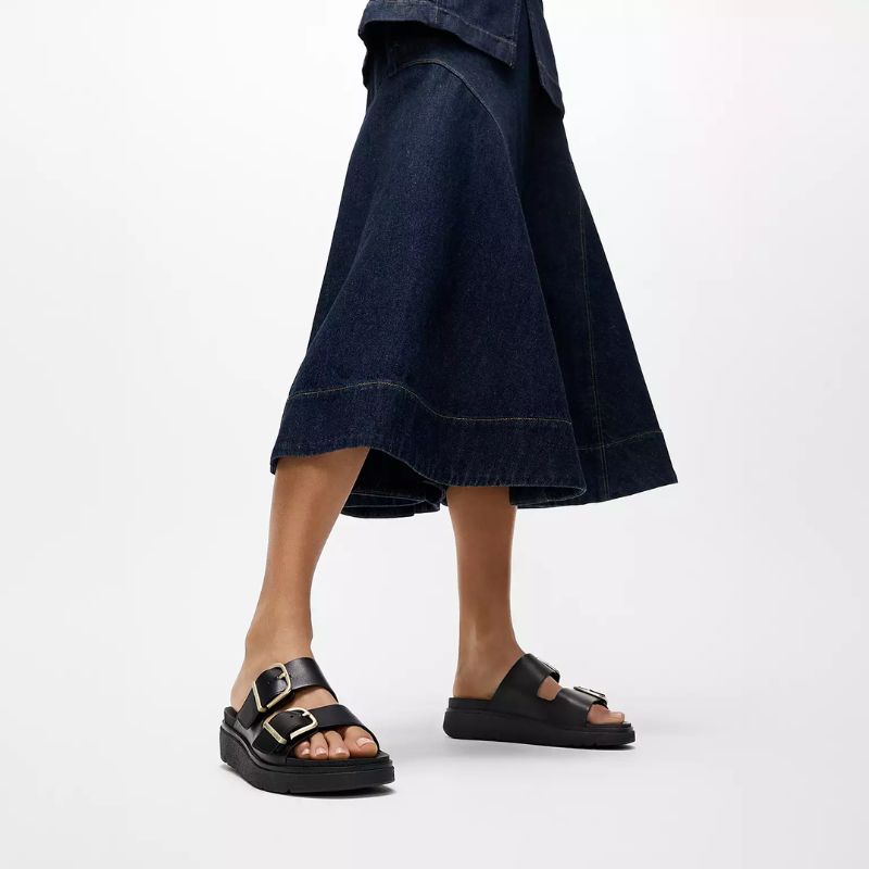 GEN-FF Buckle Two-Bar Leather Slides on model