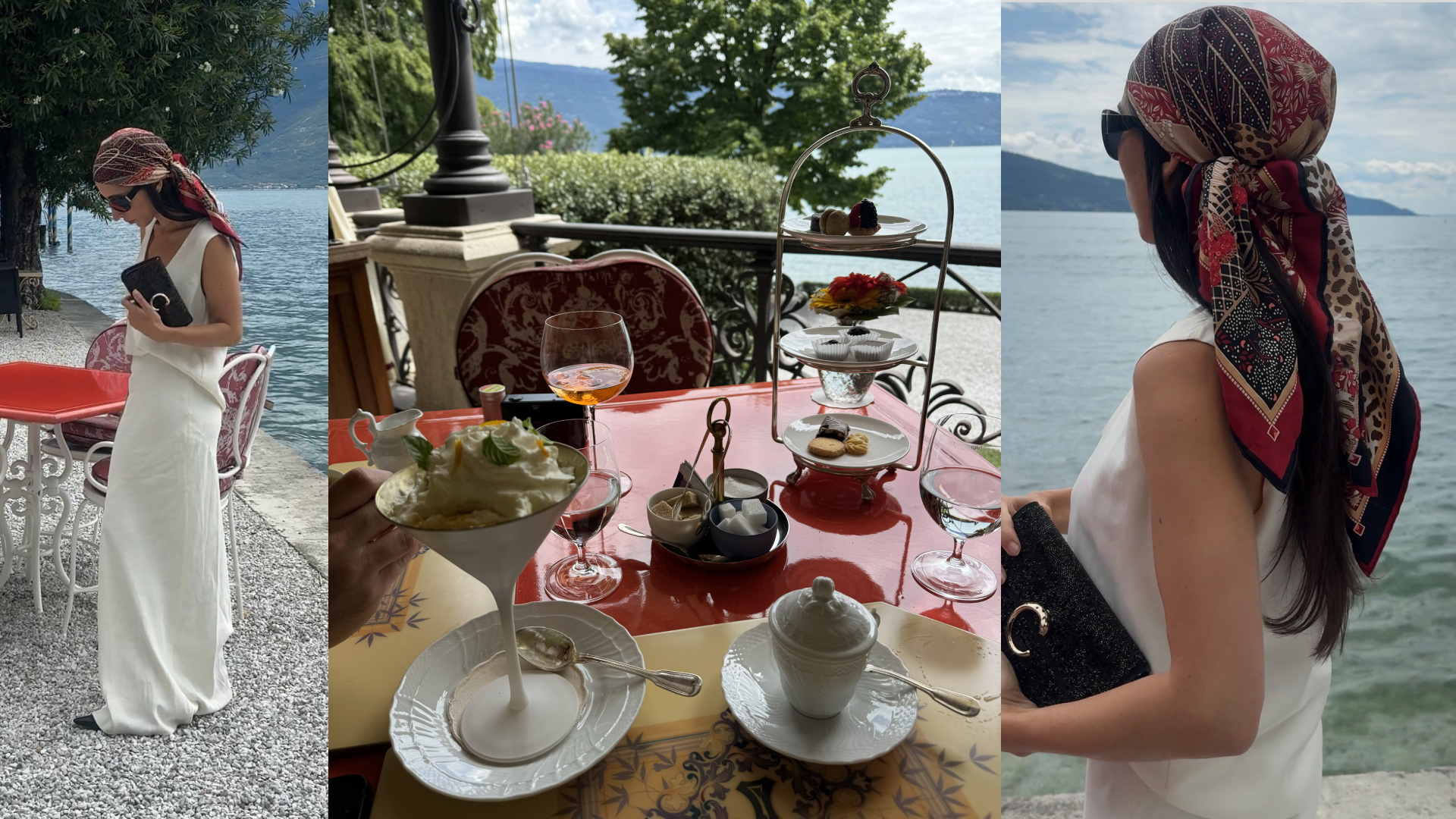 Alexis Badiyi stands near Lake Como wearing a white dress with a hair scarf