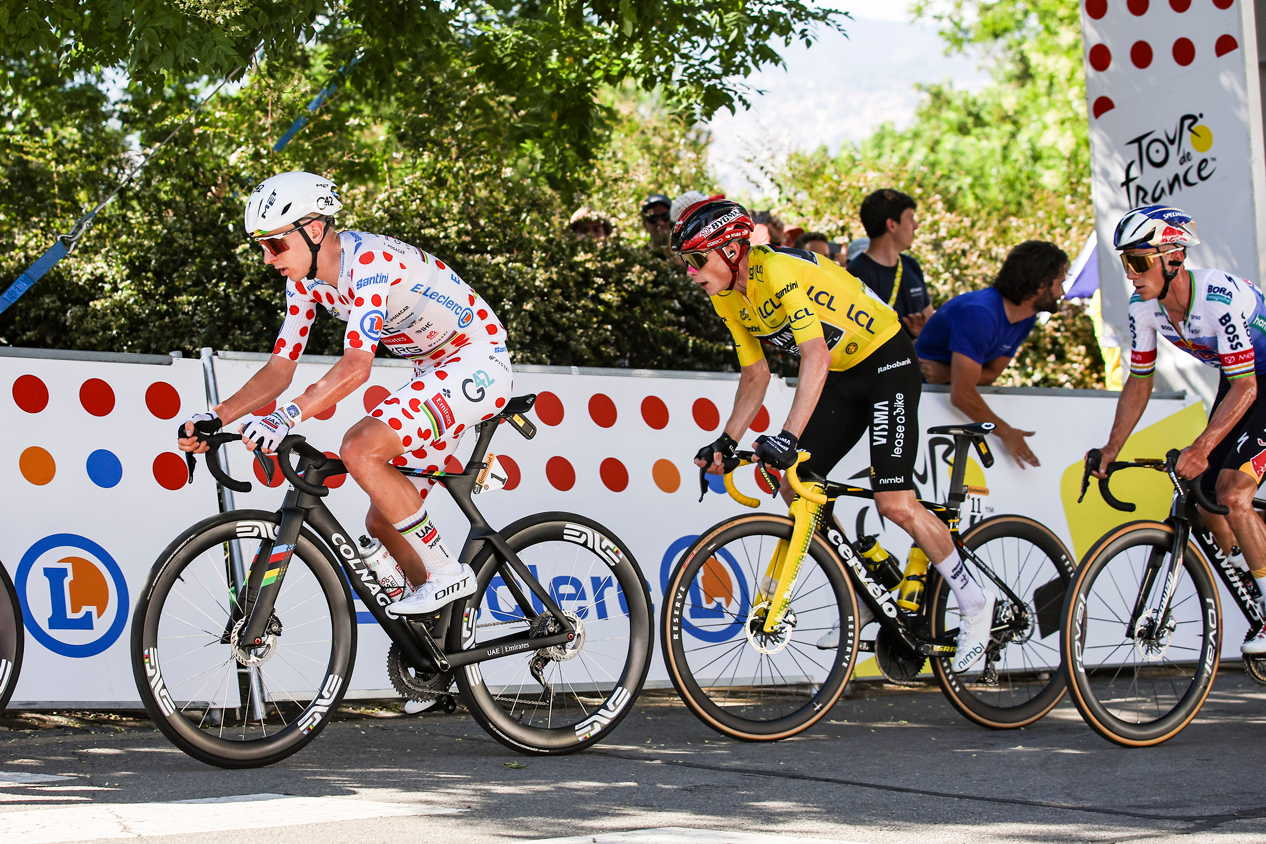 Tadej Pogačar leads Jonas Vingegaard during a stage of the 2026 Tour de France