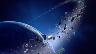 A conceptual image illustrating space debris orbiting Earth.