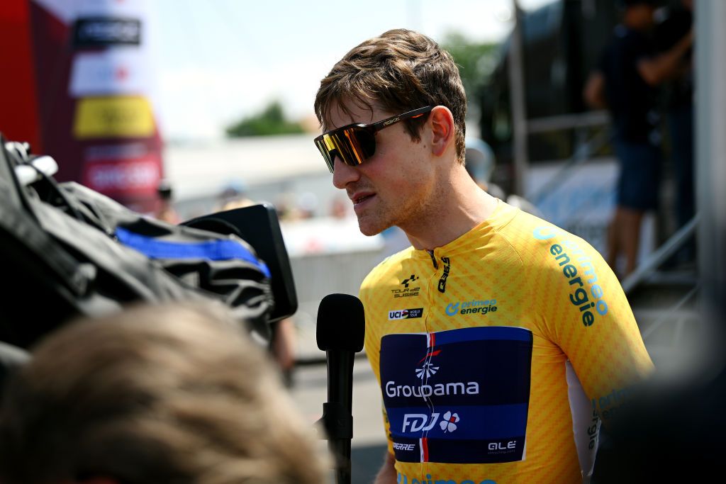 TAFERS SWITZERLAND JUNE 13 Stefan Kng of Switzerland and Team GroupamaFDJ Yellow leader jersey attends to the media press prior to the 86th Tour de Suisse 2023 Stage 3 a 1438km stage from Tafers to VillarssurOllon 1256m UCIWT on June 13 2023 in Tafers Switzerland Photo by Dario BelingheriGetty Images
