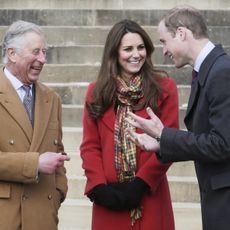 Prince Charles, Prince of Wales, known as the Duke of Rothesay, Catherine, Duchess of Cambridge, known as the Countess of Strathearn, and Prince William, Duke of Cambridge, known as the Earl of Strathearn, when in Scotland during a visit to Dumfries House on March 05, 2013 in Ayrshire, Scotland. The Duke and Duchess of Cambridge braved the bitter cold to attend the opening of an outdoor centre in Scotland today. The couple joined the Prince of Wales at Dumfries House in Ayrshire where Charles has led a regeneration project since 2007. Hundreds of locals and 600 members of youth groups including the Girl Guides and Scouts turned out for the official opening of the Tamar Manoukin Outdoor Centre.