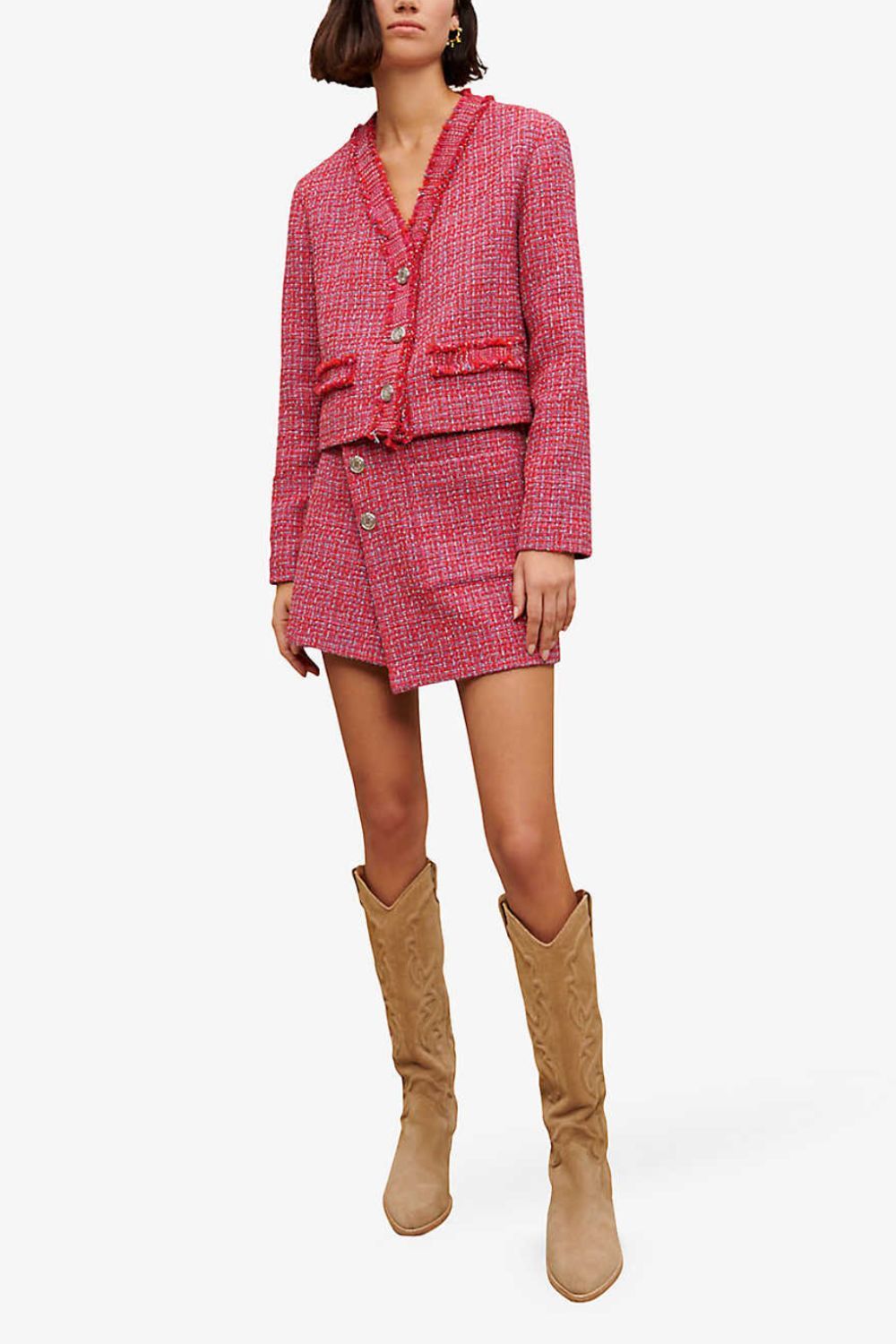 Maje V-neck raw-trim tweed jacket