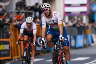 SANREMO ITALY MARCH 19 Anthony Turgis of France and Team Total Energies second place reacts after cross the finishing line third place during the 113th MilanoSanremo 2022 a 293km one day race from Milano to Sanremo MilanoSanremo on March 19 2022 in Sanremo Italy Photo by Tim de WaeleGetty Images