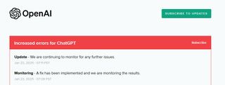 OpenAI status page showing the log for the January 2025 outage