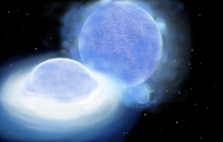 Illustration of two stars colliding in deep space
