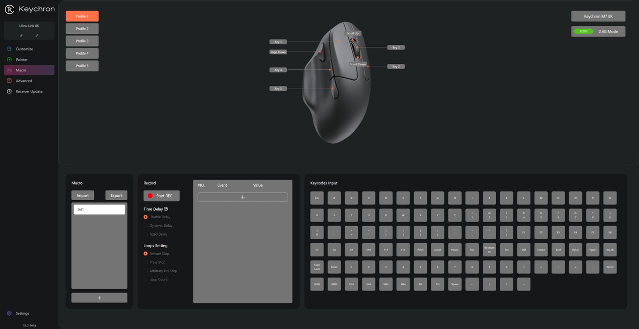 A screenshot of Keychon's Launcher software, as being used to configure the settings of a Keychron M7 8K wireless gaming mouse.