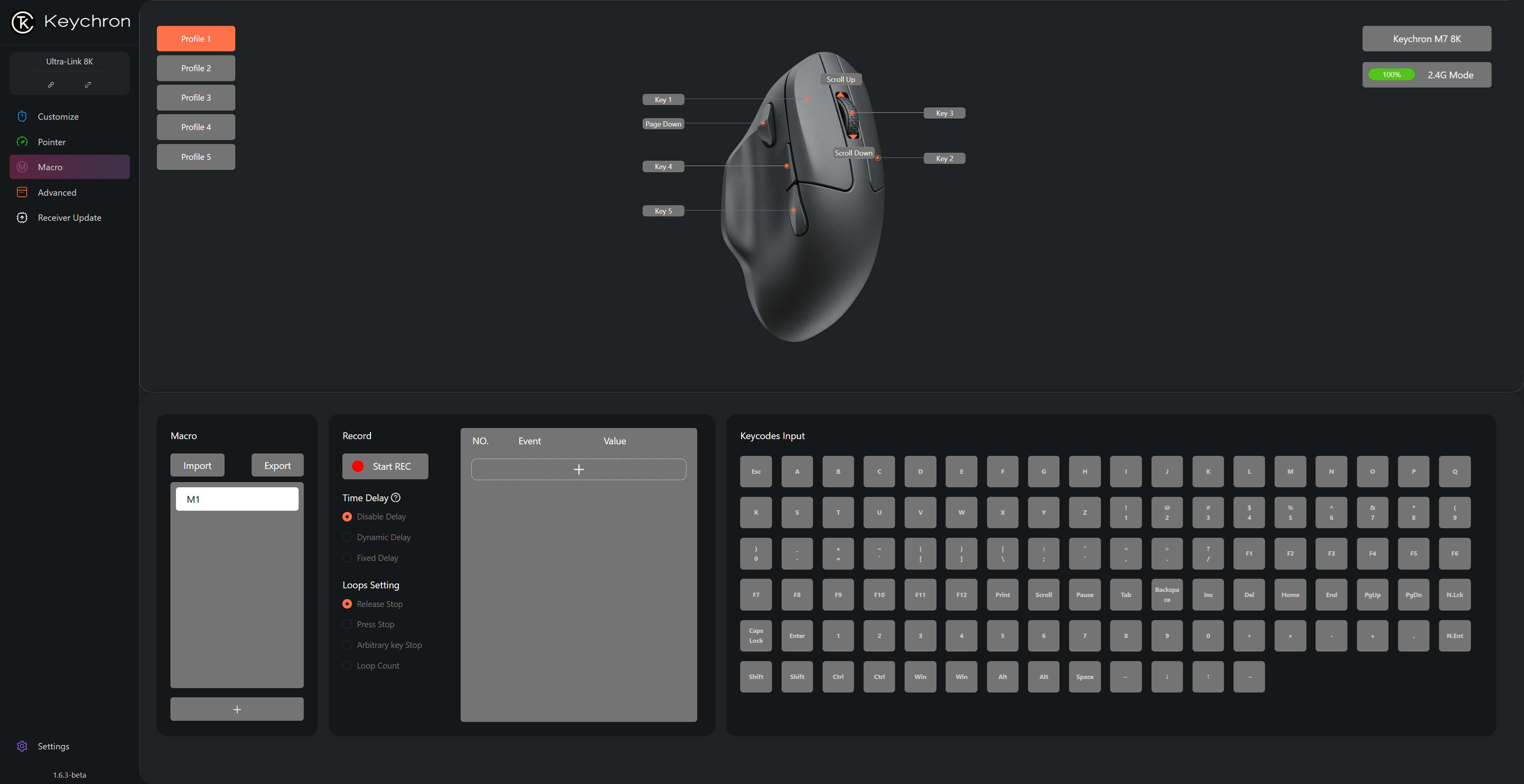 A screenshot of Keychon's Launcher software, as being used to configure the settings of a Keychron M7 8K wireless gaming mouse.