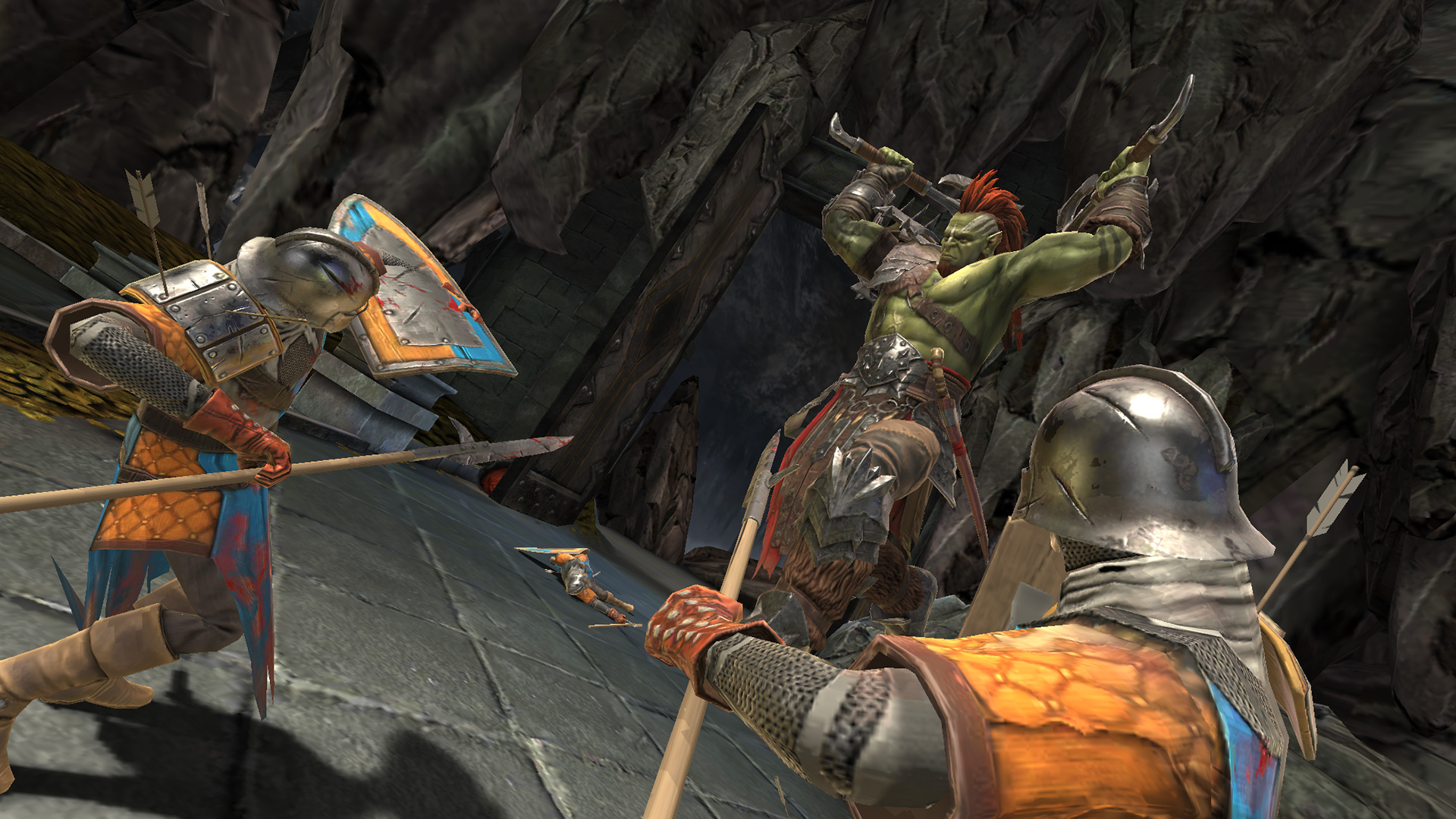 A Raid Shadow Legends cinematic showing an Orc Champion fighting two enemies