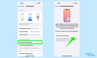 Selecting Prioritize Notifications and using a toggle to turn the feature on.