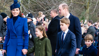 Catherine, Princess of Wales, Princess Charlotte of Wales, Prince George of Wales, Prince William, Prince of Wales, Prince Louis of Wales attend the Christmas Morning Service at Sandringham Church on December 25, 2023 in Sandringham, Norfolk