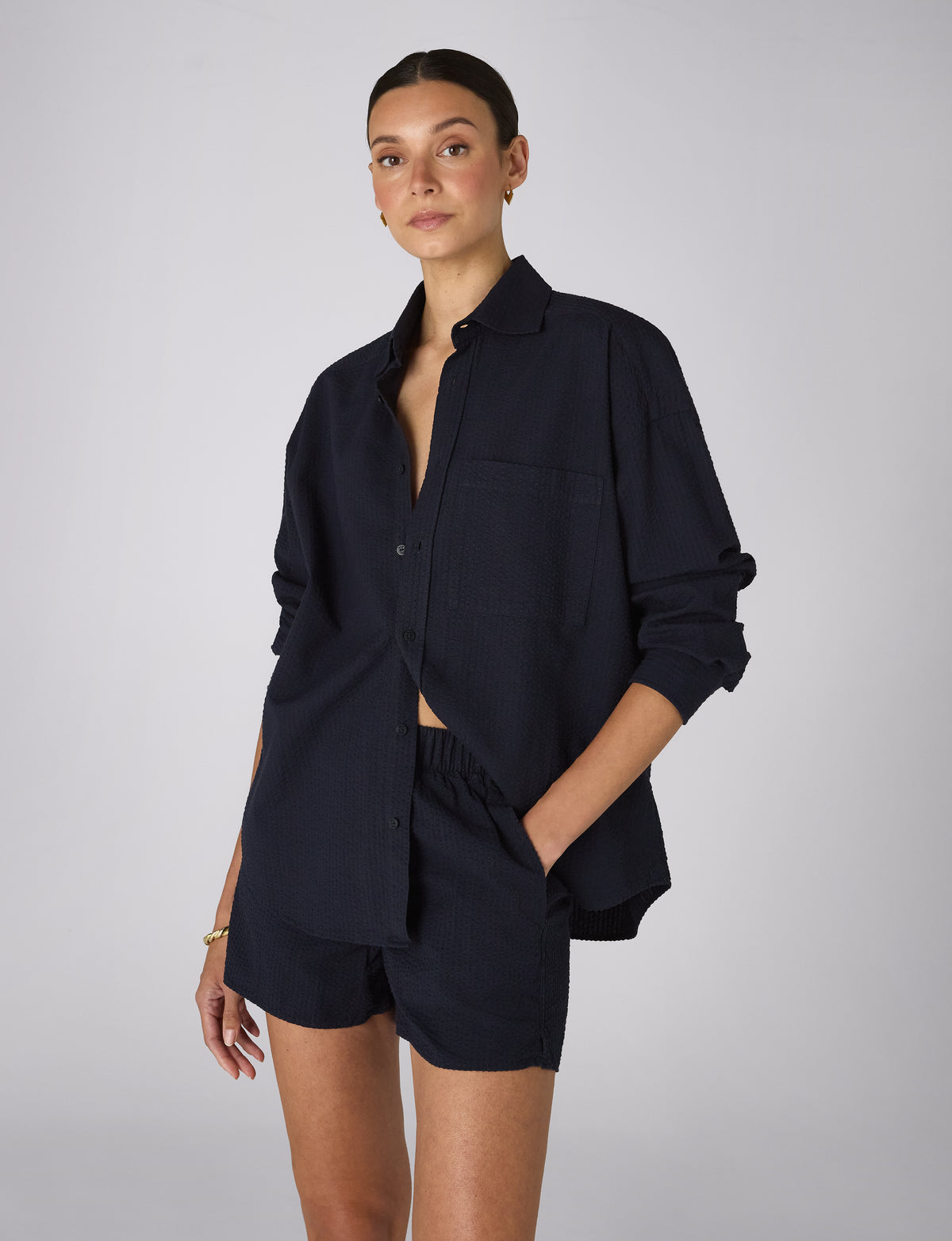 The Set: Seersucker Navy Blue Shirt &amp;amp; Boxer Shorts