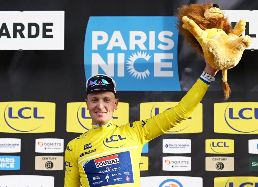 BELLEGARDESURVALSERINE FRANCE MARCH 10 Tim Merlier of Belgium and Team Soudal QuickStep celebrates at podium as Yellow leader jersey winner during the 83rd Paris Nice 2025 Stage 2 a 1839km stage from Montesson to Bellegarde UCIWT on March 10 2025 in BellegardesurValserine France Photo by Dario BelingheriGetty Images