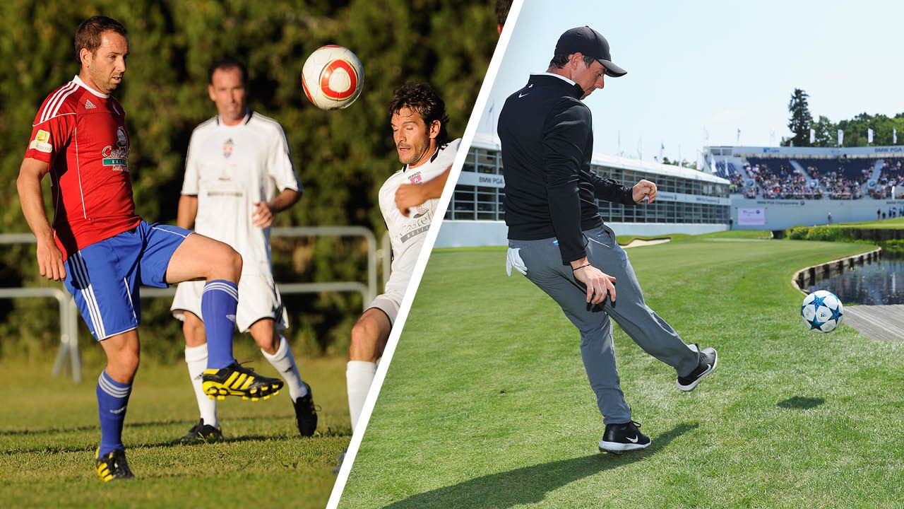 Sergio Garcia (left) playing football for CF Borriol and Rory McIlroy (right) kicking a football at Wentworth