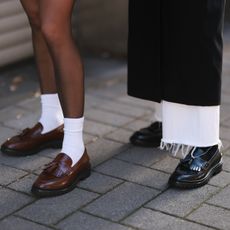 Gina Walser and Karla shorts and tights and Isabel Marant brown leather loafer, Isabel Marant black loafer