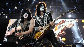 Paul Stanley (L) and Tommy Thayer of Kiss perform at Arco Arena on November 19, 2009 in Sacramento, California.