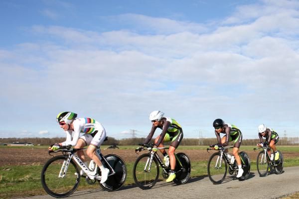 Time trial world champion Judith Arndt takes a pull for GreenEdge-AIS.