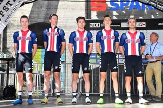 Sean Bennett on stage with Team USA at the UCI Road World Championships