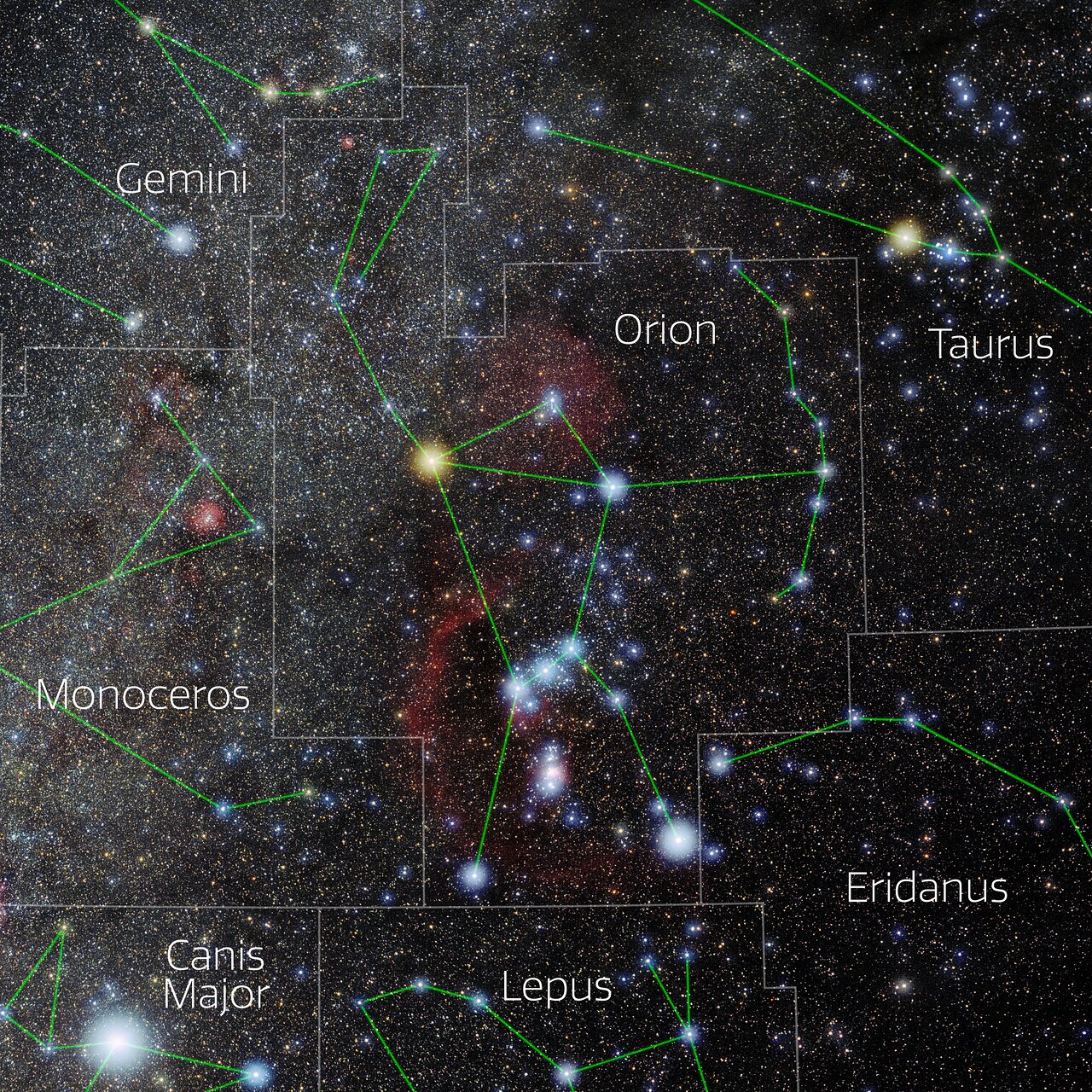 A labelled photo of Orion and surrounding constellations