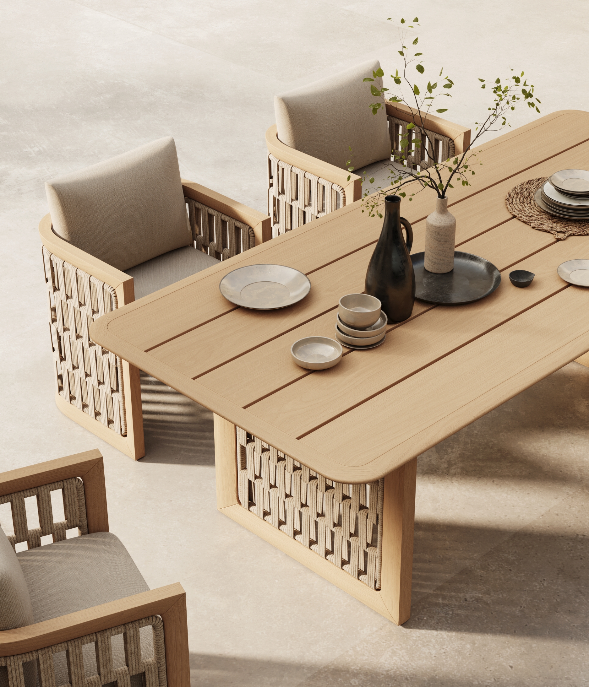rattan and teak woven outdoor dining table set